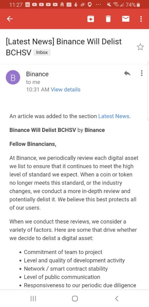 Binance Delists BSV